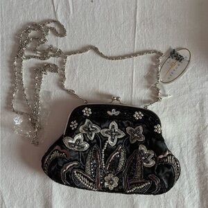 Vintage Style Black Satin Beaded Clutch Handbag Floral Design w/ Crossbody Chain